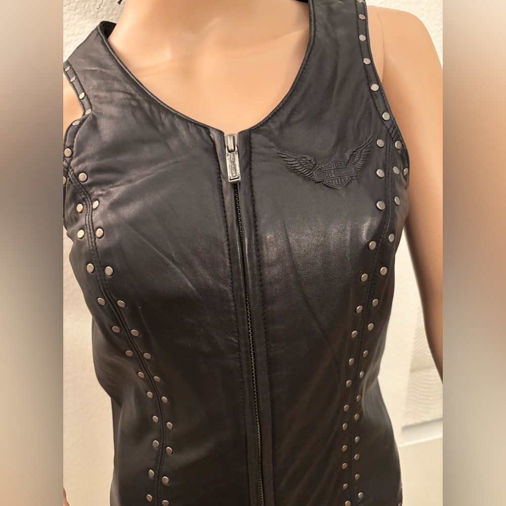 Vintage Harley Davidson Black Leather fancy ✨silver  Studded ✨Vest -XS-Zip front